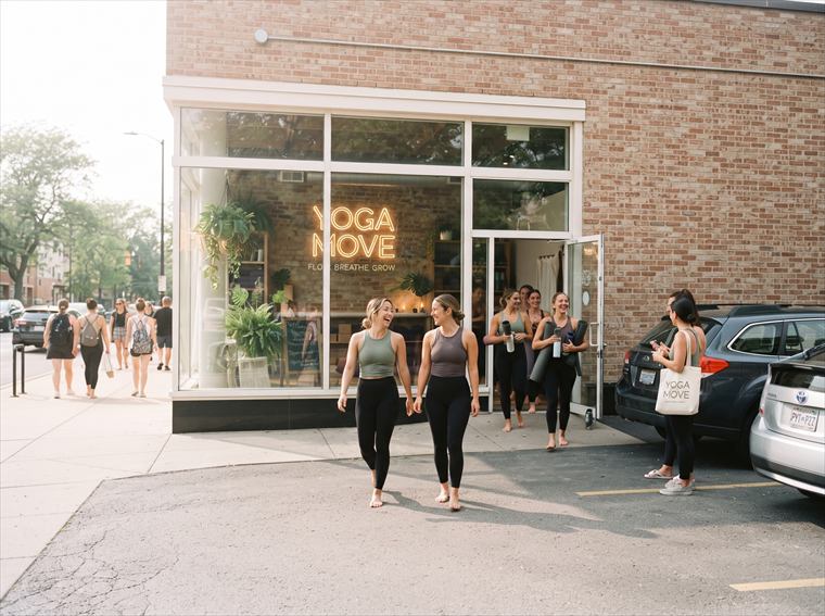 Students leaving the studio together after an evening class
