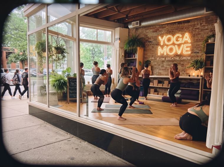 A class in chair pose seen through the studio's street-front window