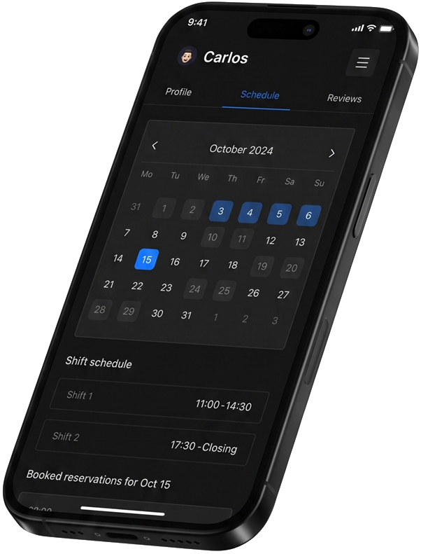 The booking app showing an instructor's class schedule